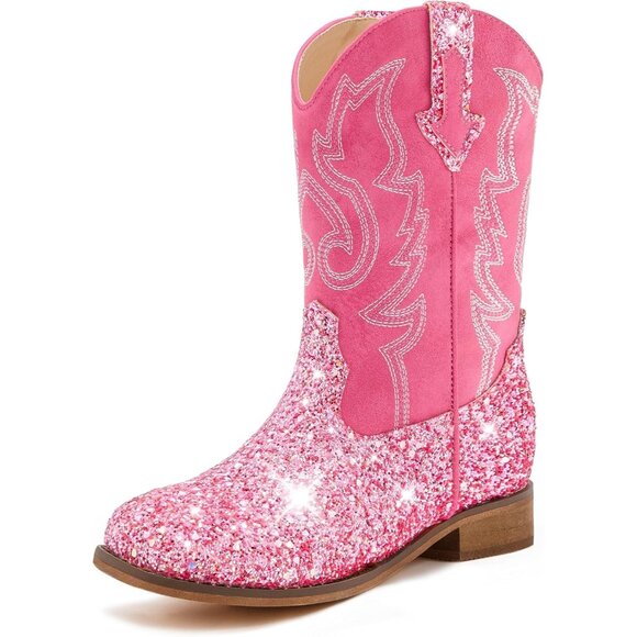 Unisex Child Pink Mid Calf Glitter Toddler Cowboy Boot Little Big Kids Western - Picture 1 of 7